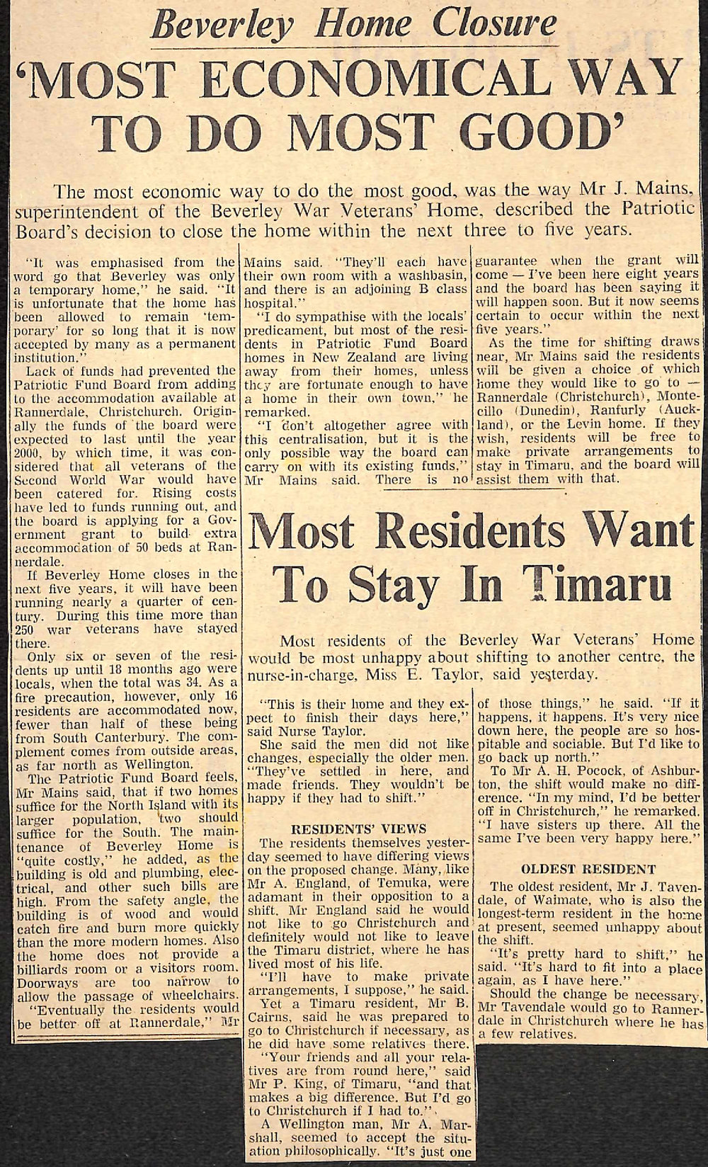 Beverley Home Closure: 'Most Economical Way to do Most Good' / Most Residents Want To Stay In Timaru