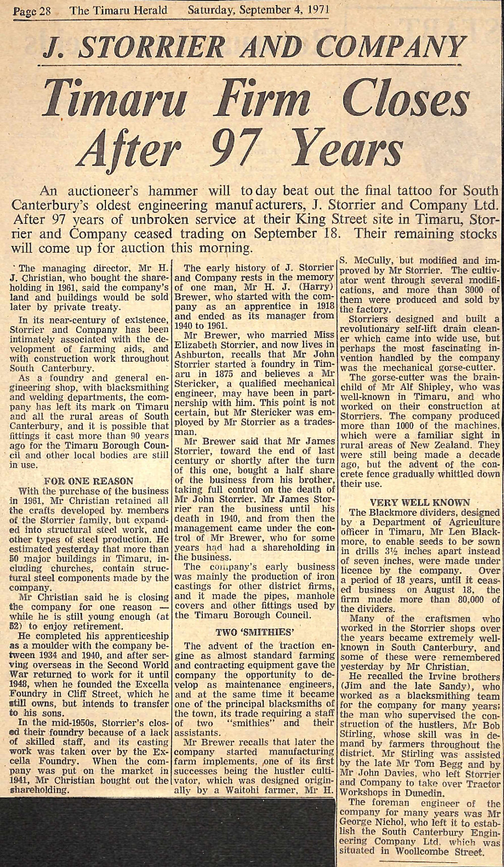 J Storrier and Company: Timaru Firm Closes After 97 Years