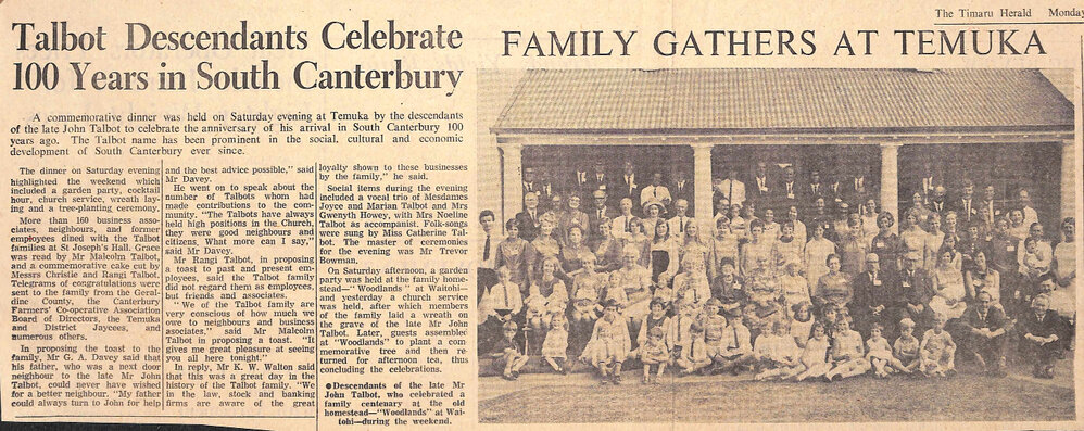 Talbot Descendants Celebrate 100 Years in South Canterbury: Family Gathers at Temuka