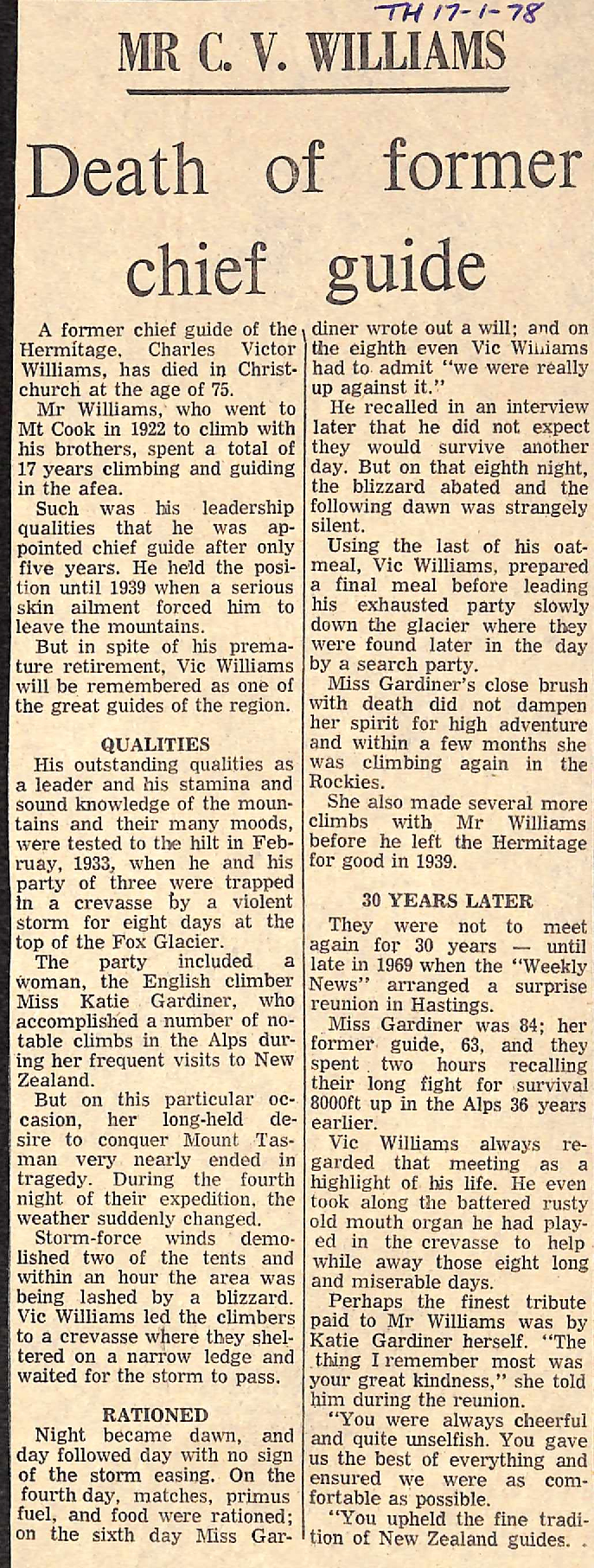 Mr C V Williams: Death of former chief guide