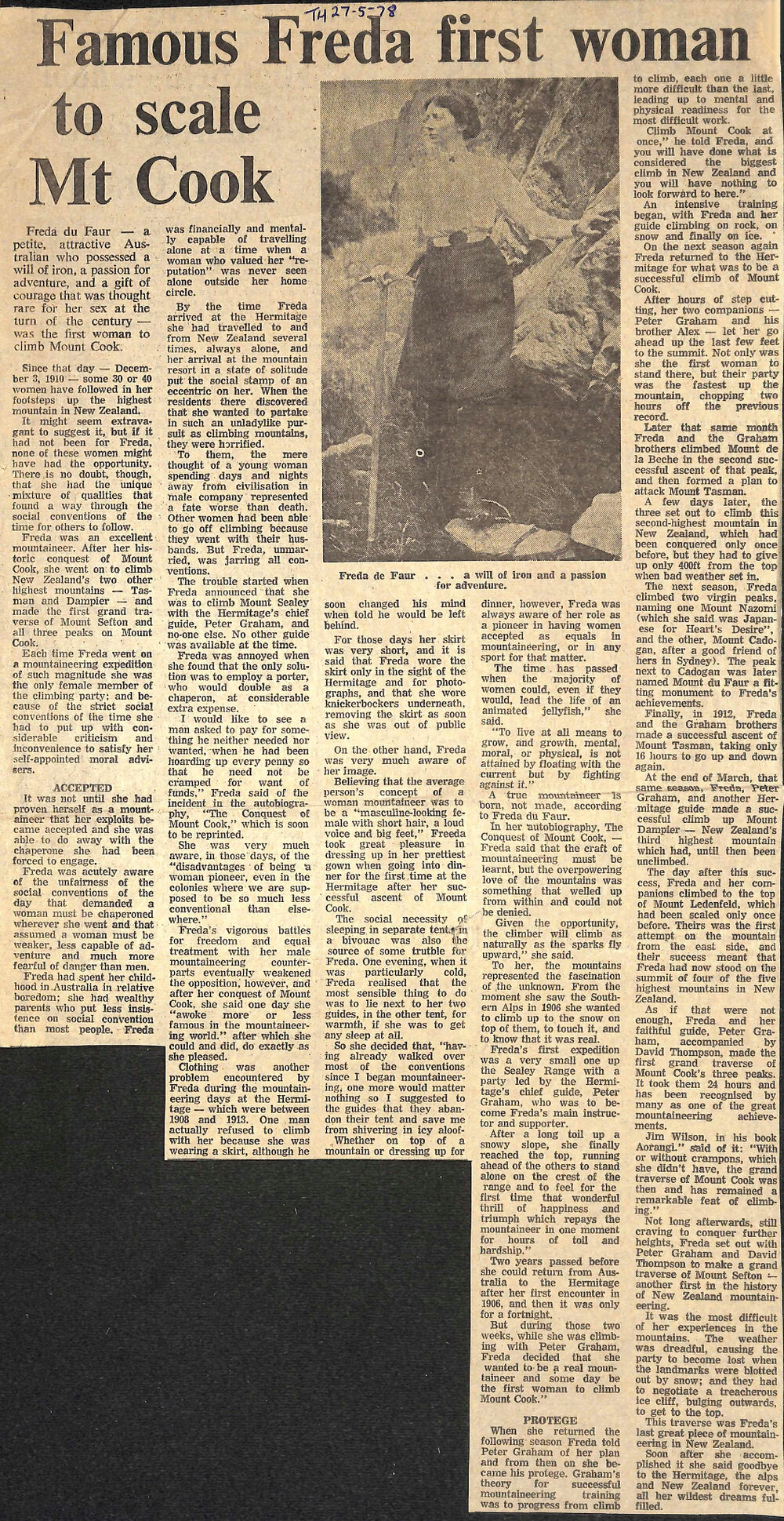 Famous Freda first woman to scale Mt Cook