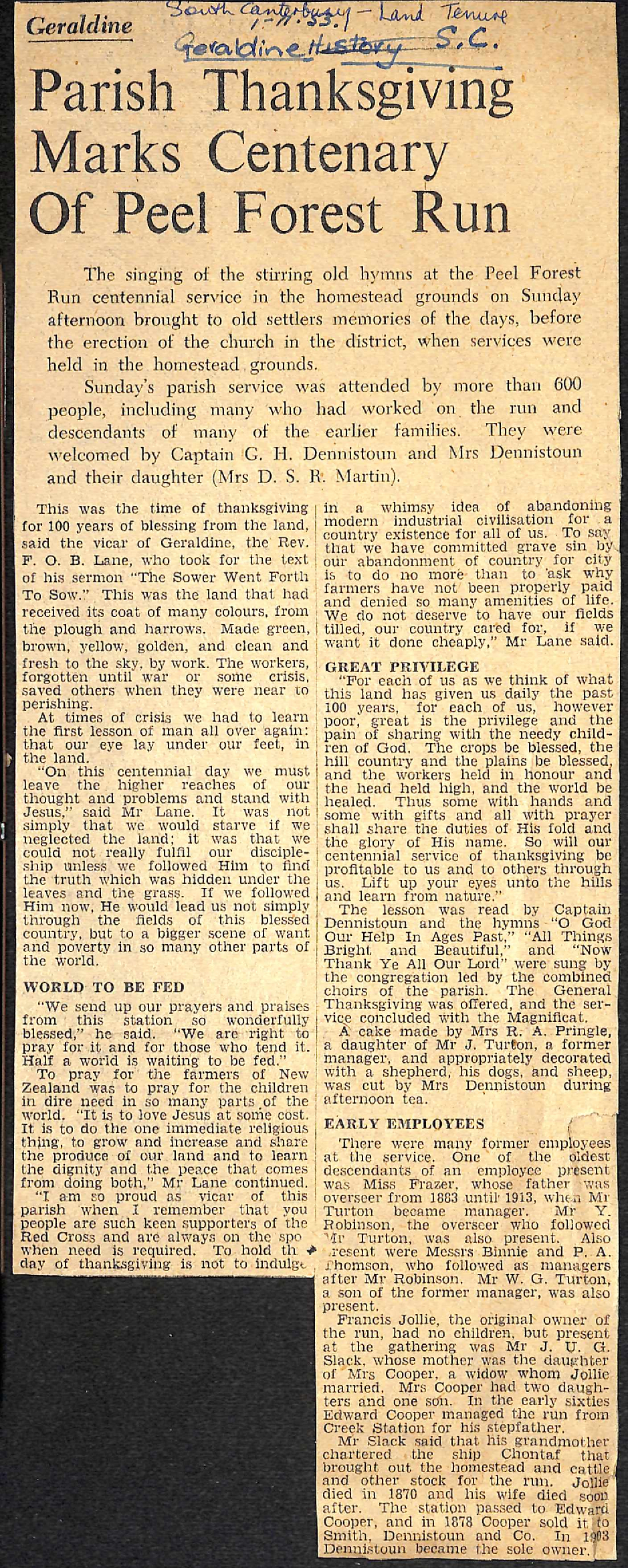 Geraldine: Parish Thanksgiving Marks Centenary of Peel Forest Run