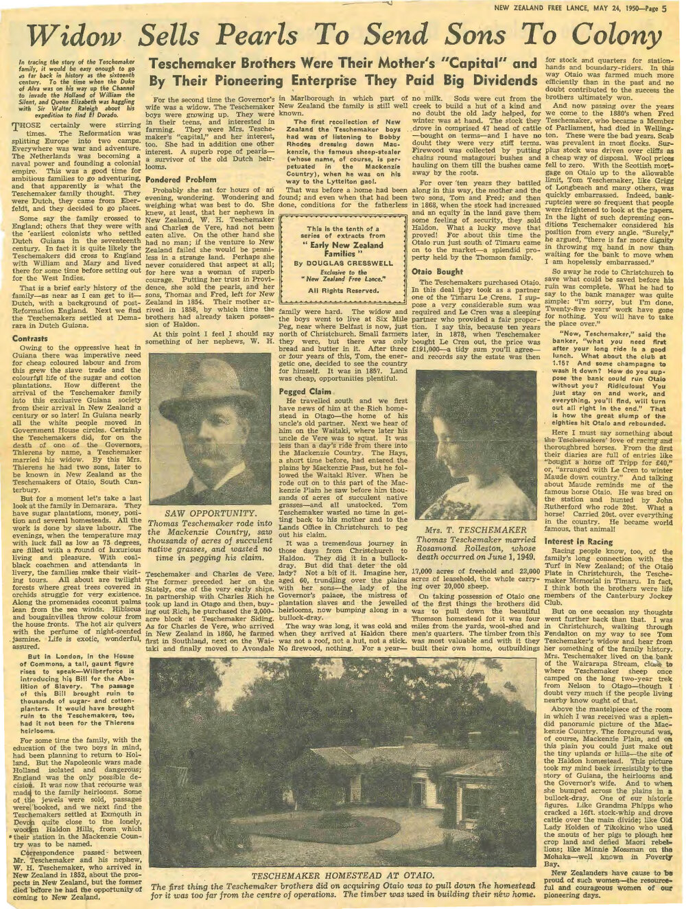 Widow Sells Pearls To Send Sons To Colony: Teschemaker Brothers Were Their Mothers "Capital" and By Their Pioneering Enterprise They Paid Big Dividends