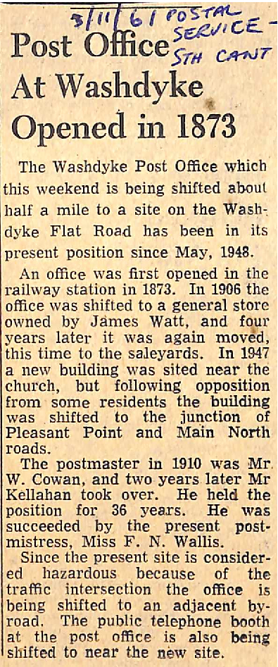 Post Office At Washdyke Opened in 1873