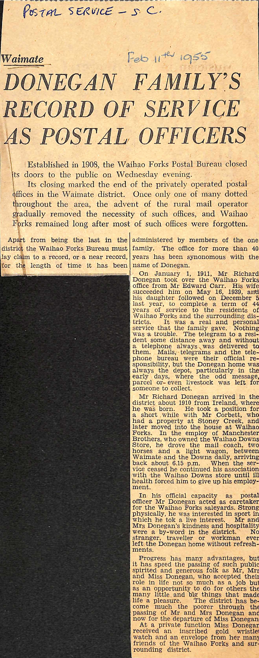 Waimate: Donegan Family's Record of Service As Postal Officers