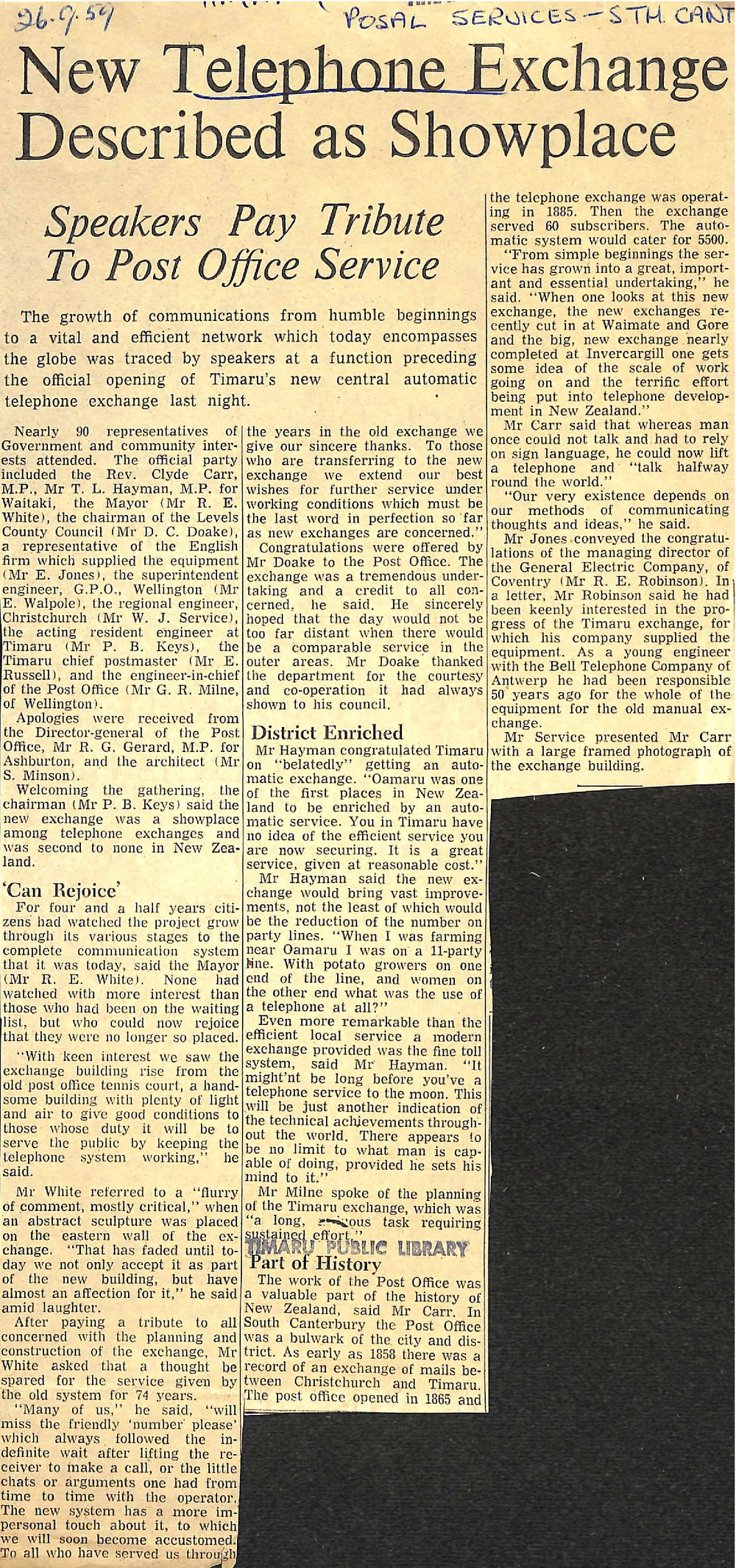 New Telephone Exchange Described as Showplace, Speakers Pay Tribute To Post Office Service