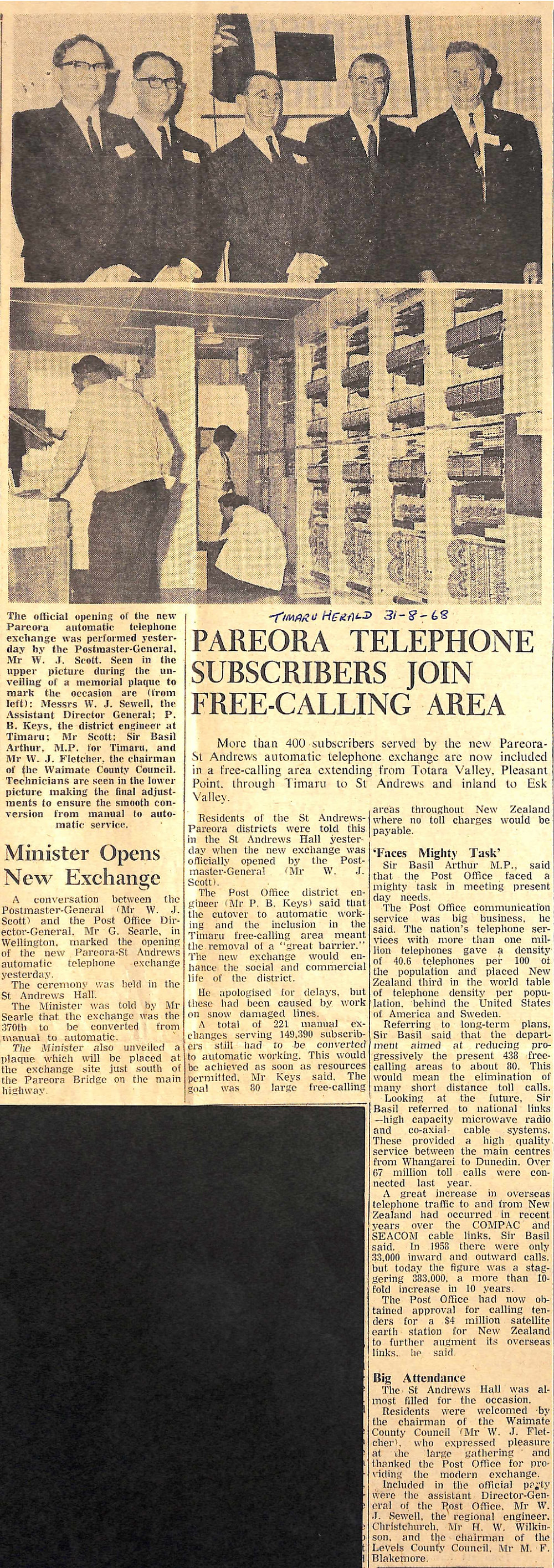 Pareora Telephone Subscribers Join Free-calling Area, Minister Opens New Exchange