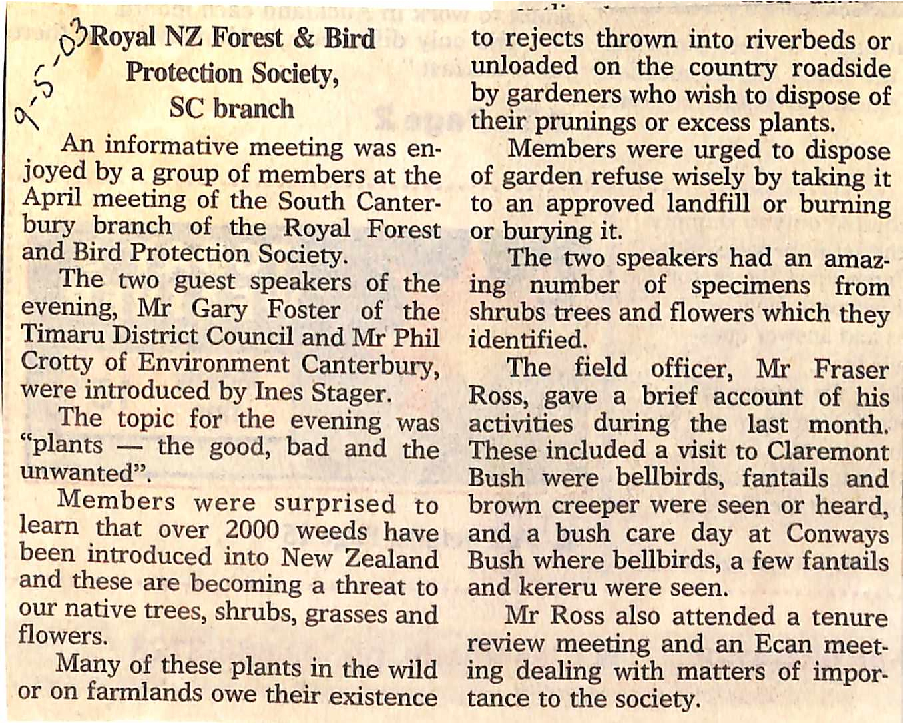 Royal NZ Forest and Bird Protection Society, SC Branch