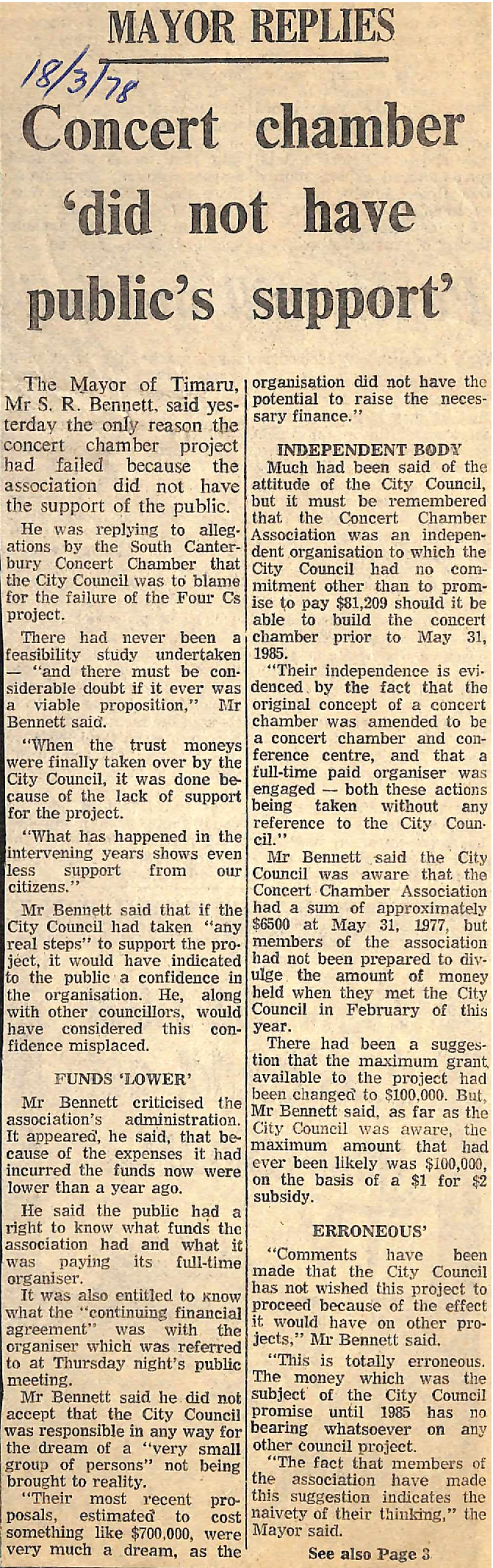 Mayor Replies: Concert chamber 'did not have public's support'