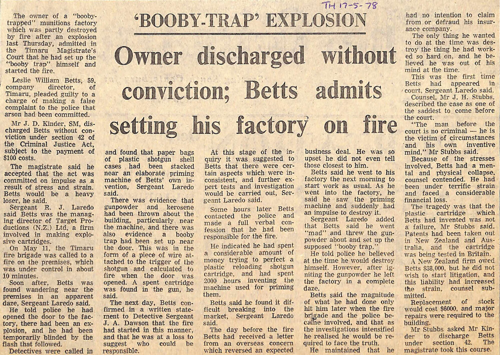  'Booby Trap' Explosion: Owner discharged without conviction; Betts admits setting his factory on fire