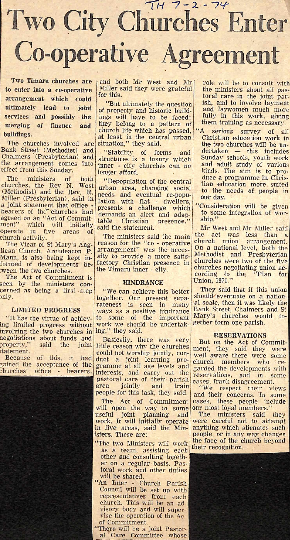 Two City Churches Enter Co-operative Agreement