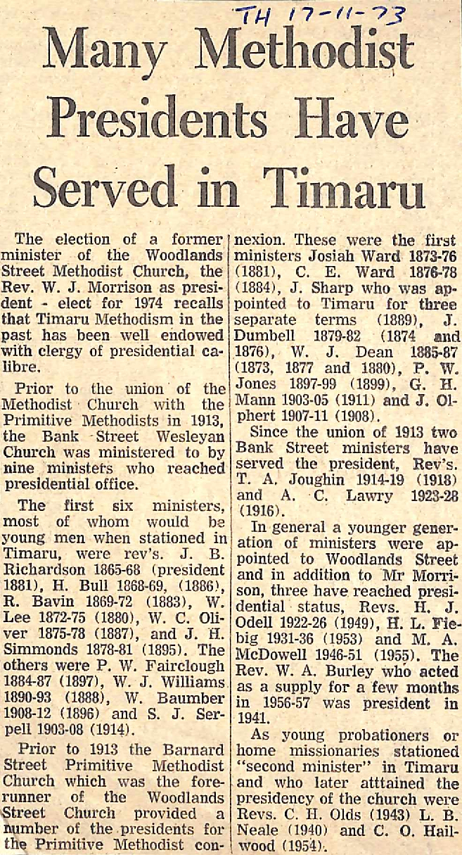 Many Methodist Presidents Have Served in Timaru