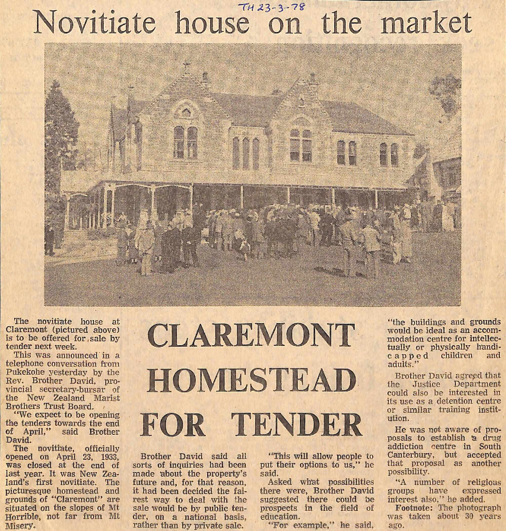Novitiate house on the market, Claremont homestead for tender