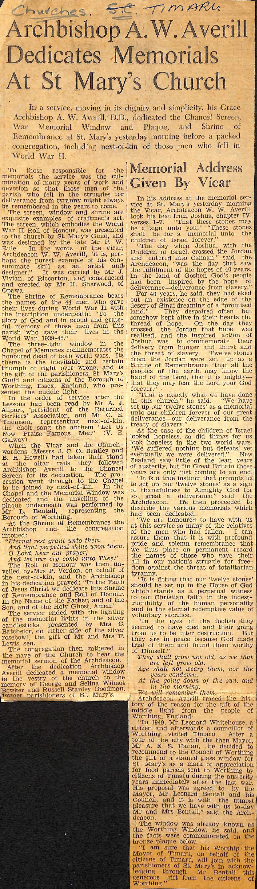 Archbishop A W Averill Dedicates Memorials At St Mary's church