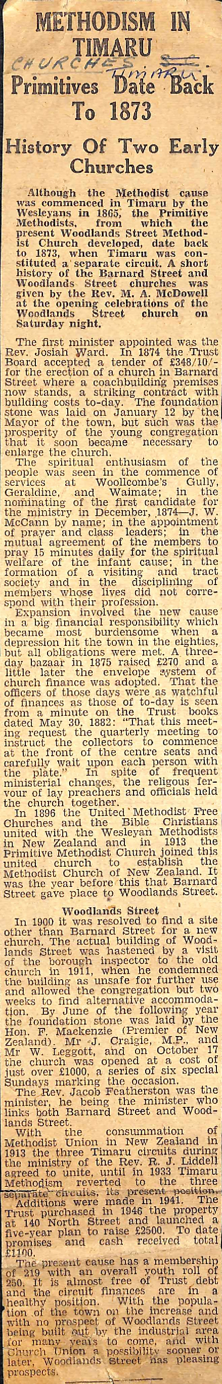 Methodism in Timaru, Primitives Date Back To 1873, History Of Two Early Churches