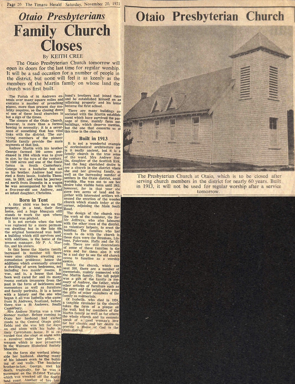 Otaio Presbyterians- Family Church Closes / Otaio Presbyterian Church