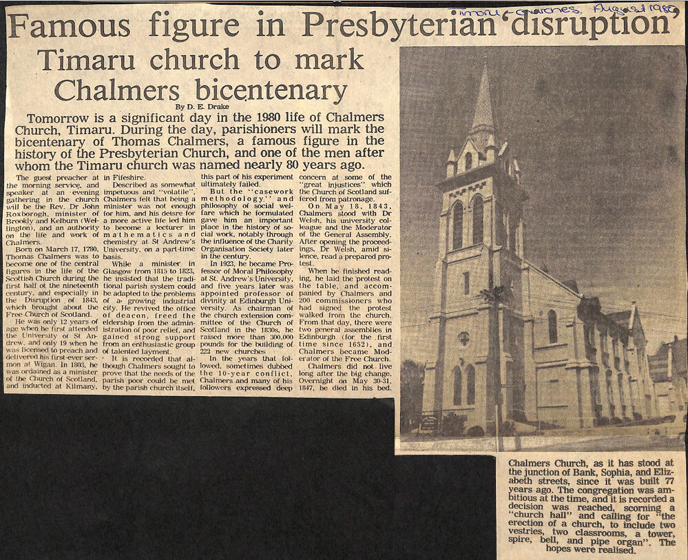 Famous figure in Presbyterian 'disruption'- Timaru church to mark Chalmers bicentenary