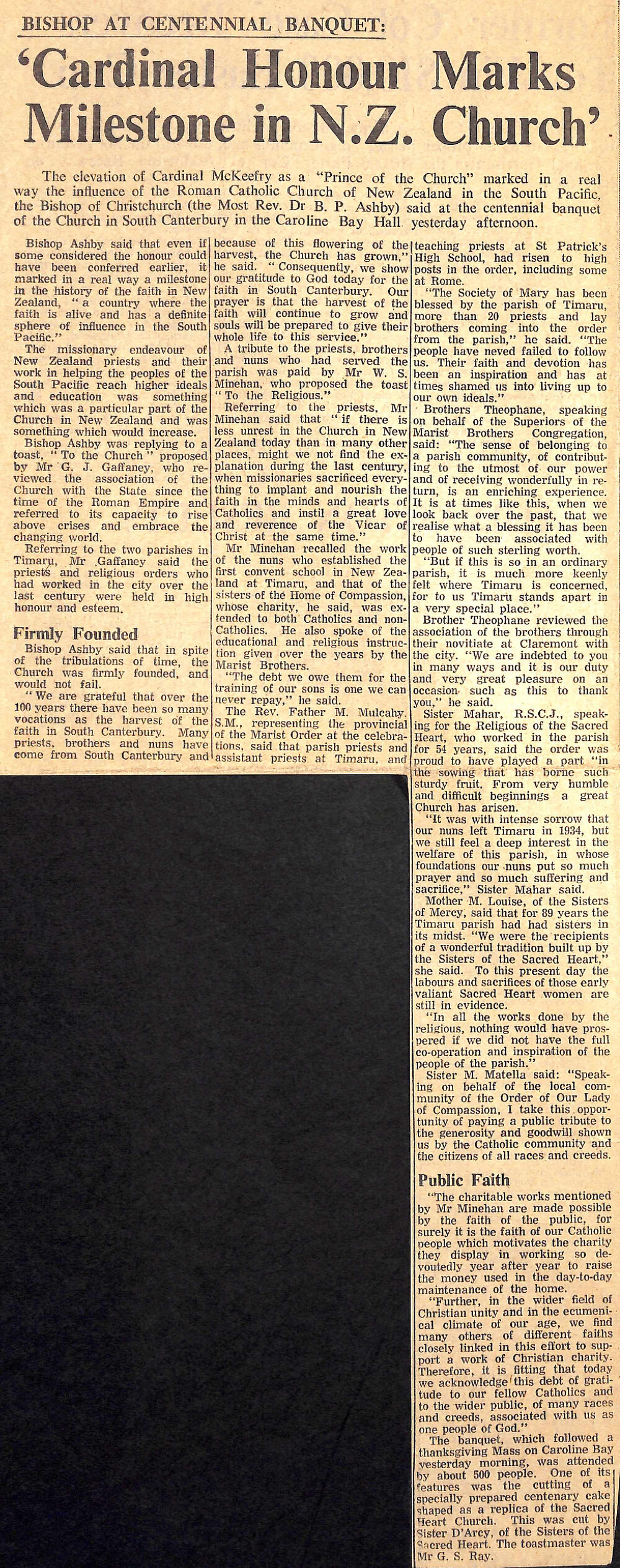 Bishop at Centennial Banquet: 'Cardinal Honour Marks Milestone in NZ Church'