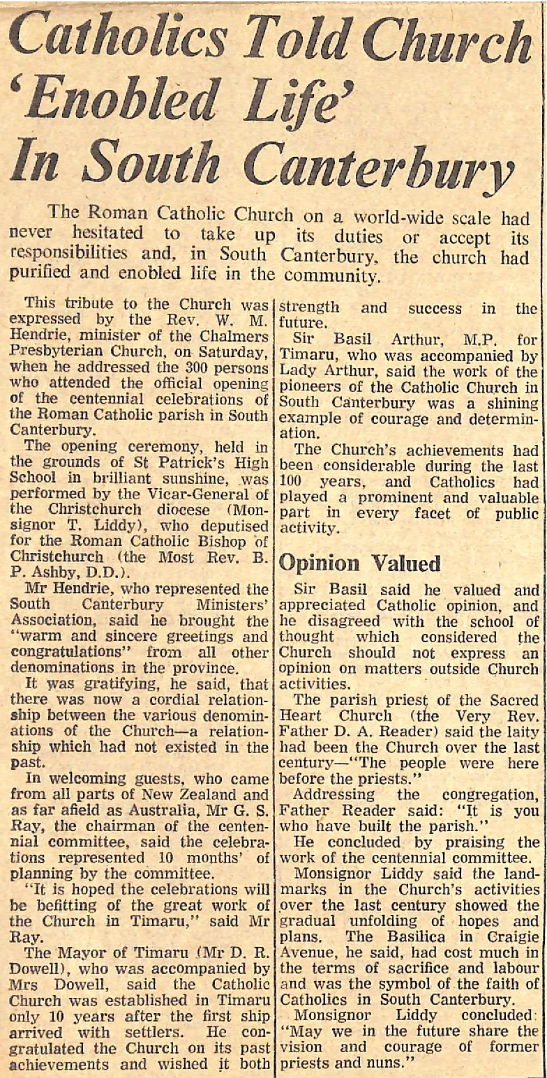 Catholics Told Church 'Enobled Life' In South Canterbury