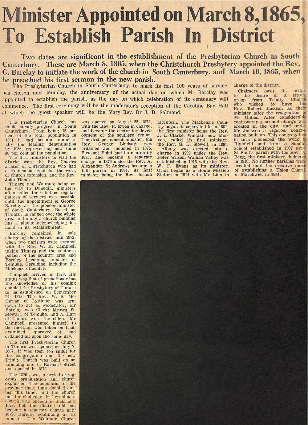 Minister Appointed on March 8, 1865, To Establish Parish In District