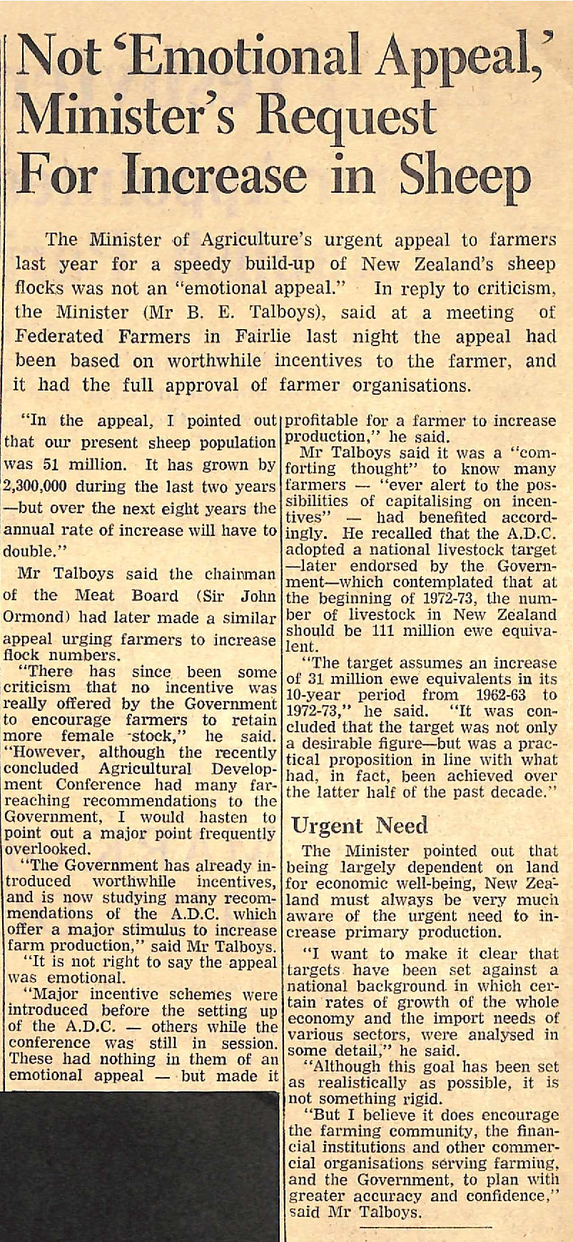 Not 'Emotional Appeal', Minister's Request For Increase in Sheep