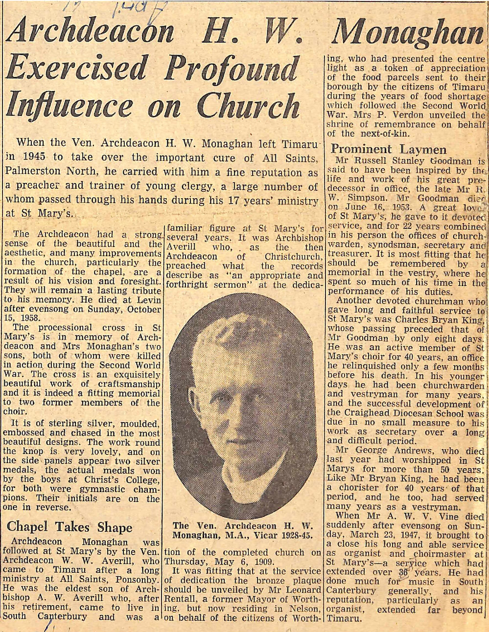 Archdeacon H W Monaghan Exercised Profound Influence on Church