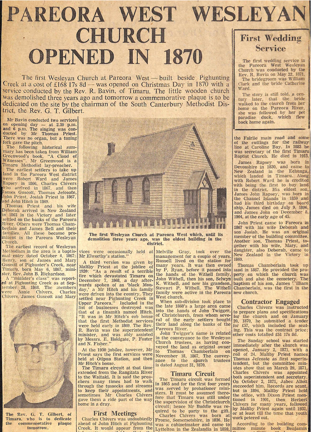 Pareora West Wesleyan Church opened in 1870 / First Wedding Service