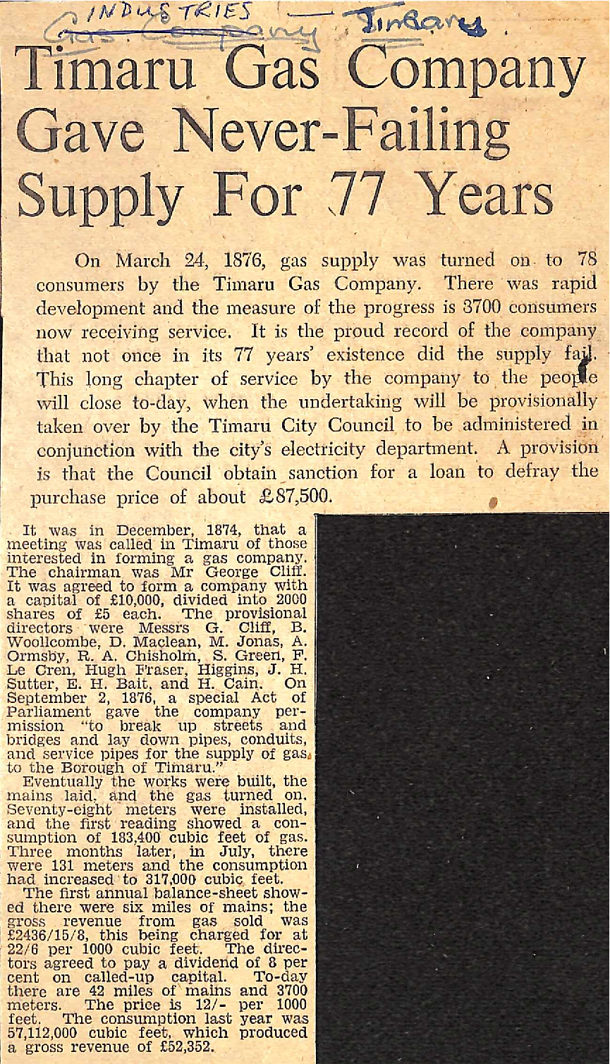 Timaru Gas Company Gave Never-Failing Supply For 77 Years