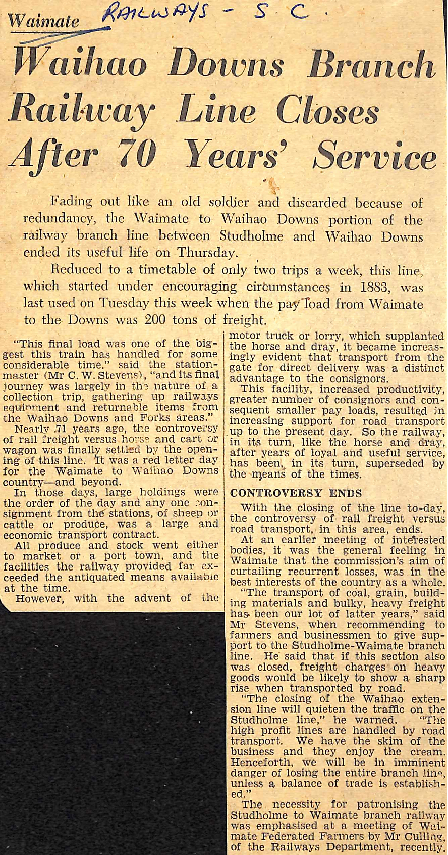 Waimate: Waihao Downs Branch Railway Line Closes After 70 Years' Service