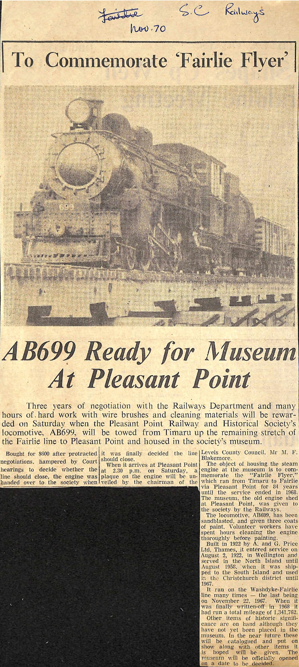 To Commemorate 'Fairlie Flyer': AB699 Ready for Museum At Pleasant Point