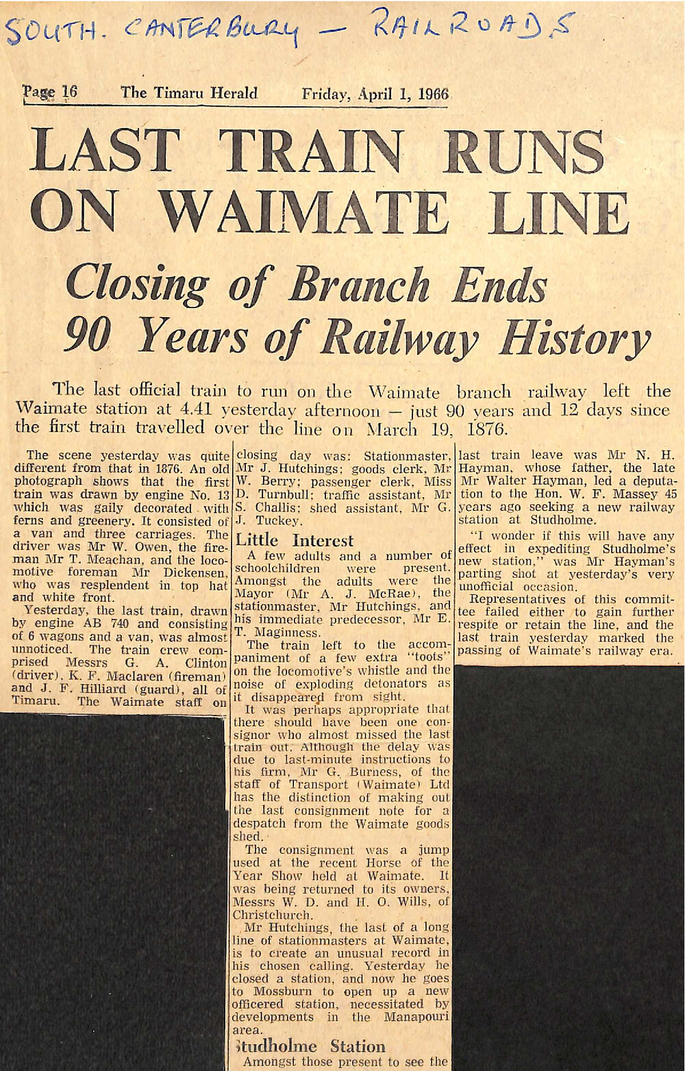 Last Train Runs on Waimate Line: Closing of Branch Ends 90 Years of Railway History