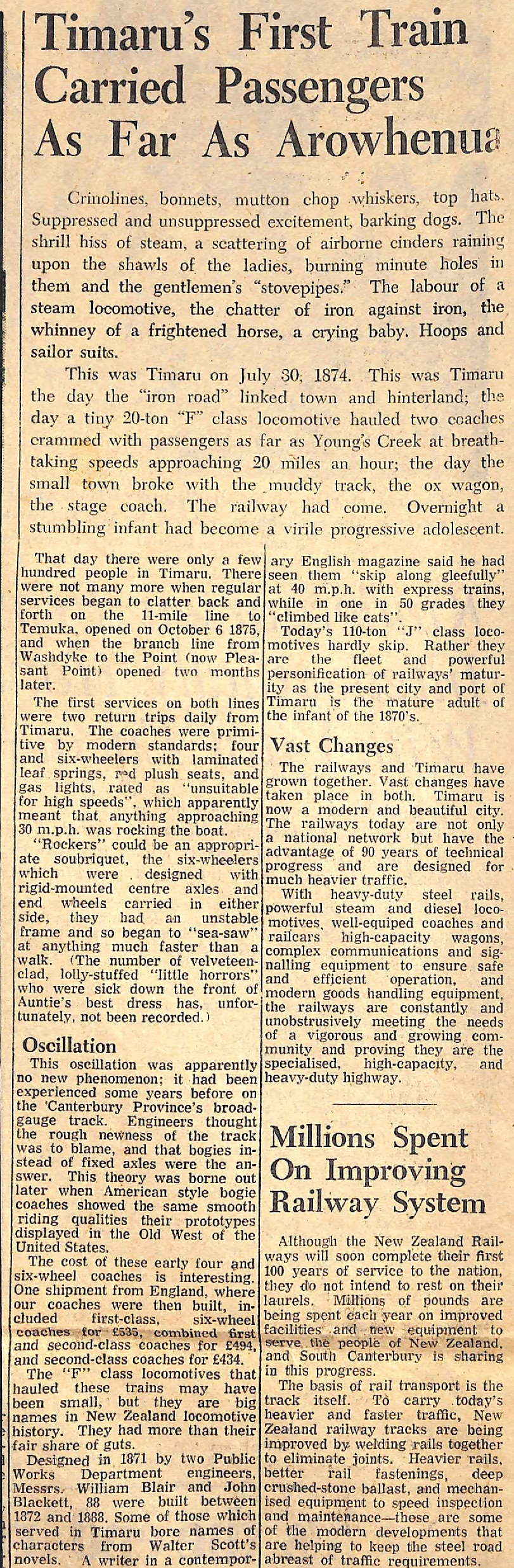 Timaru's First Train Carried Passengers As Far As Arowhenua / Millions Spent On Improving Railway System