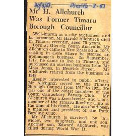 Mr H Allchurch Was Former Timaru Borough Councillor