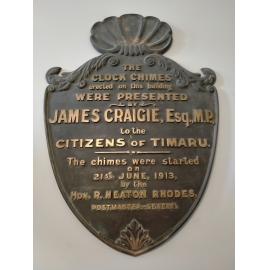 Clock chimes plaque on Timaru District Council building