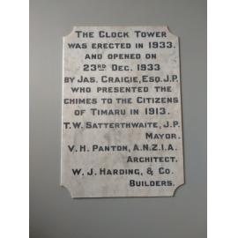 Clock tower plaque on Timaru District Council building