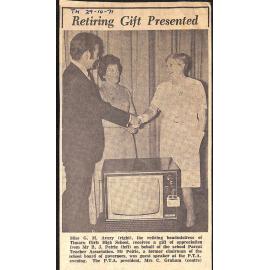 Retiring Gift Presented, Parent Teacher Group Honours Miss Avery