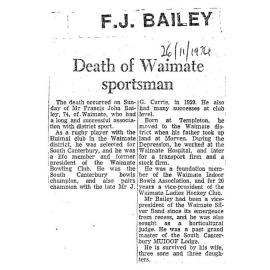 Obituary: F J Bailey, Death of Waimate sportsman