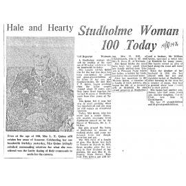 Obituary: Mrs L E Quinn, Studholme woman 100 today