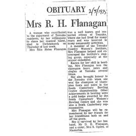 Obituary: Mrs R H Flanagan