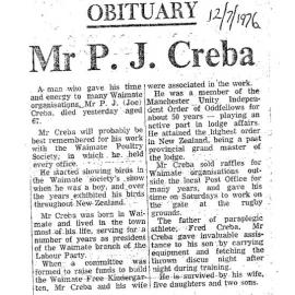 Obituary: Mr P J Creba