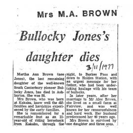 Obituary: Mrs M A Brown, Bullocky Jones's daughter dies