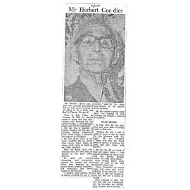 Obituary: Mr Herbert Coe dies