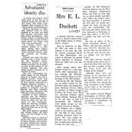 Obituary: Mrs E L Duckett, Salvationist identity dies