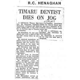 Obituary: R C Henaghan, Timaru dentist dies on jog