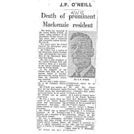 Obituary: J P O'Neill, Death of prominent Mackenzie resident