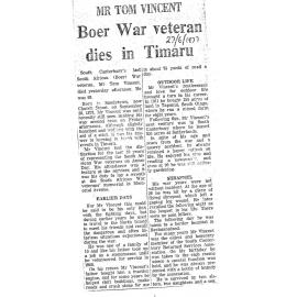 Obituary: Mr Tom Vincent, Boer War veteran dies in Timaru