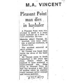 Obituary: M A Vincent, Pleasant Point man dies in haybaler