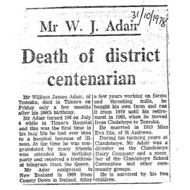 Obituary: Mr W J Adair, Death of district centenarian