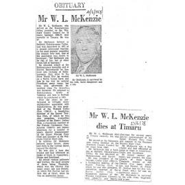 Obituary: Mr W L McKenzie dies at Timaru