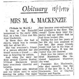 Obituary: Mrs M A Mackenzie